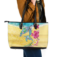 Hawaiian Tropical Plants Turtles Leather Tote Bag Watercolor Style LT03 - Polynesian Pride