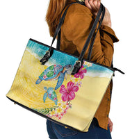 Hawaiian Tropical Plants Turtles Leather Tote Bag Watercolor Style LT03 - Polynesian Pride