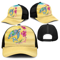 Hawaiian Tropical Plants Turtles Mesh Trucker Cap Watercolor Style - Polynesian Pride