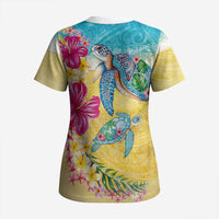 Hawaiian Tropical Plants Turtles Scrub Top Watercolor Style - Polynesian Pride