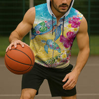Hawaiian Tropical Plants Turtles Sleeveless Zip Hoodie Watercolor Style LT03 - Polynesian Pride