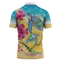 Hawaiian Tropical Plants Turtles Zipper Polo Shirt Watercolor Style - Polynesian Pride