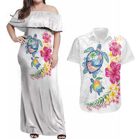 Hawaiian Abstract Art Turtles Couples Matching Off Shoulder Maxi Dress and Hawaiian Shirt with Plumeria and Hibiscus - Polynesian Pride