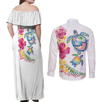 Hawaiian Abstract Art Turtles Couples Matching Off Shoulder Maxi Dress and Long Sleeve Button Shirt with Plumeria and Hibiscus - Polynesian Pride