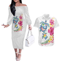 Hawaiian Abstract Art Turtles Couples Matching Off The Shoulder Long Sleeve Dress and Hawaiian Shirt with Plumeria and Hibiscus - Polynesian Pride