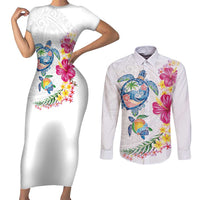 Hawaiian Abstract Art Turtles Couples Matching Short Sleeve Bodycon Dress and Long Sleeve Button Shirt with Plumeria and Hibiscus - Polynesian Pride