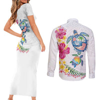 Hawaiian Abstract Art Turtles Couples Matching Short Sleeve Bodycon Dress and Long Sleeve Button Shirt with Plumeria and Hibiscus - Polynesian Pride