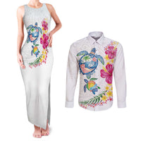 Hawaiian Abstract Art Turtles Couples Matching Tank Maxi Dress and Long Sleeve Button Shirt with Plumeria and Hibiscus - Polynesian Pride