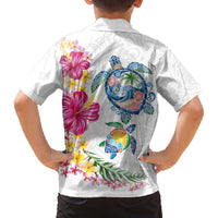 Hawaiian Abstract Art Turtles Family Matching Off The Shoulder Long Sleeve Dress and Hawaiian Shirt with Plumeria and Hibiscus - Polynesian Pride