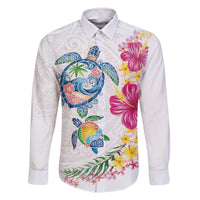 Hawaiian Abstract Art Turtles Family Matching Off The Shoulder Long Sleeve Dress and Hawaiian Shirt with Plumeria and Hibiscus - Polynesian Pride