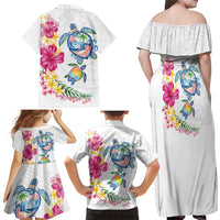 Hawaiian Abstract Art Turtles Family Matching Off Shoulder Maxi Dress and Hawaiian Shirt with Plumeria and Hibiscus - Polynesian Pride