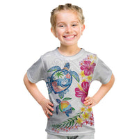 Hawaiian Abstract Art Turtles Kid T Shirt with Plumeria and Hibiscus LT03 White - Polynesian Pride