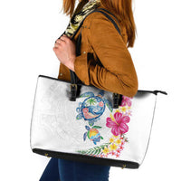 Hawaiian Abstract Art Turtles Leather Tote Bag with Plumeria and Hibiscus LT03 White - Polynesian Pride