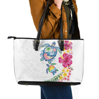 Hawaiian Abstract Art Turtles Leather Tote Bag with Plumeria and Hibiscus LT03 - Polynesian Pride