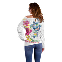Hawaiian Abstract Art Turtles Off Shoulder Sweater with Plumeria and Hibiscus - Polynesian Pride