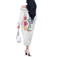 Hawaiian Abstract Art Turtles Off The Shoulder Long Sleeve Dress with Plumeria and Hibiscus - Polynesian Pride