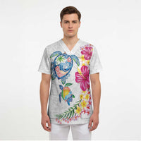 Hawaiian Abstract Art Turtles Scrub Top with Plumeria and Hibiscus - Polynesian Pride