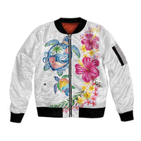 Hawaiian Abstract Art Turtles Sleeve Zip Bomber Jacket with Plumeria and Hibiscus - Polynesian Pride