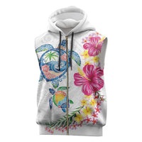 Hawaiian Abstract Art Turtles Sleeveless Zip Hoodie with Plumeria and Hibiscus LT03 White - Polynesian Pride