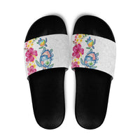 Hawaiian Abstract Art Turtles Slide Sandals with Plumeria and Hibiscus LT03 White - Polynesian Pride