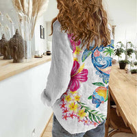 Hawaiian Abstract Art Turtles Women Casual Shirt with Plumeria and Hibiscus - Polynesian Pride
