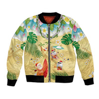 Hawaiian Mele Kalikimaka Bomber Jacket Tropical Plumeria and Lei Funny Santa Beach LT03 Unisex Multicolor - Polynesian Pride