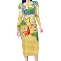 Hawaiian Mele Kalikimaka Family Matching Long Sleeve Bodycon Dress and Hawaiian Shirt Tropical Plumeria and Lei Funny Santa Beach - Polynesian Pride