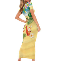 Hawaiian Mele Kalikimaka Family Matching Short Sleeve Bodycon Dress and Hawaiian Shirt Tropical Plumeria and Lei Funny Santa Beach - Polynesian Pride