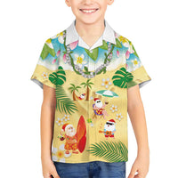 Hawaiian Mele Kalikimaka Family Matching Short Sleeve Bodycon Dress and Hawaiian Shirt Tropical Plumeria and Lei Funny Santa Beach - Polynesian Pride