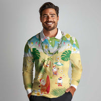 Hawaiian Mele Kalikimaka Long Sleeve Polo Shirt Tropical Plumeria and Lei Funny Santa Beach - Polynesian Pride