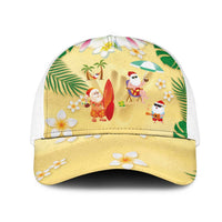 Hawaiian Mele Kalikimaka Mesh Trucker Cap Funny Santa Claus on Beach with Tropical Plants and Lei LT03 One Size White Multicolor - Polynesian Pride