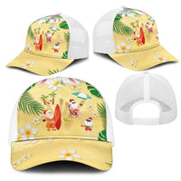 Hawaiian Mele Kalikimaka Mesh Trucker Cap Funny Santa Claus on Beach with Tropical Plants and Lei LT03 - Polynesian Pride