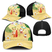 Hawaiian Mele Kalikimaka Mesh Trucker Cap Funny Santa Claus on Beach with Tropical Plants and Lei LT03 - Polynesian Pride
