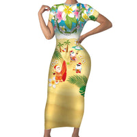Hawaiian Mele Kalikimaka Short Sleeve Bodycon Dress Tropical Plumeria and Lei Funny Santa Beach - Polynesian Pride