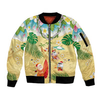 Hawaiian Mele Kalikimaka Sleeve Zip Bomber Jacket Tropical Plumeria and Lei Funny Santa Beach LT03 Unisex Multicolor - Polynesian Pride