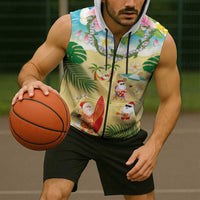 Hawaiian Mele Kalikimaka Sleeveless Zip Hoodie Tropical Plumeria and Lei Funny Santa Beach - Polynesian Pride