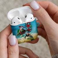 Hawaiian Mele Kalikimaka AirPods Case Tropical Xmas Turtles Red Poinsettia Watercolor - Polynesian Pride