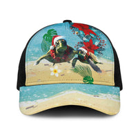 Hawaiian Mele Kalikimaka Baseball Net Cap Xmas Turtles and Tropical Plants with Red Poinsettia Watercolor Style - Polynesian Pride
