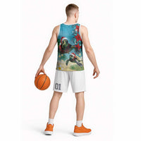 Hawaiian Mele Kalikimaka Basketball Jersey Tropical Xmas Turtles Red Poinsettia Watercolor - Polynesian Pride