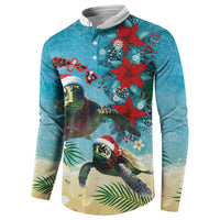 Hawaiian Mele Kalikimaka Button Sweatshirt Tropical Xmas Turtles Red Poinsettia Watercolor - Polynesian Pride