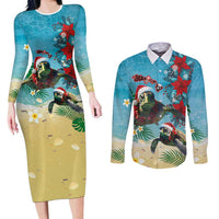 Hawaiian Mele Kalikimaka Couples Matching Long Sleeve Bodycon Dress and Long Sleeve Button Shirt Tropical Xmas Turtles Red Poinsettia Watercolor - Polynesian Pride