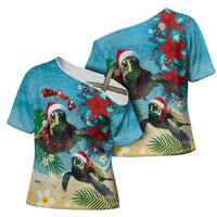 Hawaiian Mele Kalikimaka Cross Shoulder Shirt Tropical Xmas Turtles Red Poinsettia Watercolor - Polynesian Pride