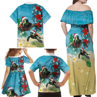 Hawaiian Mele Kalikimaka Family Matching Off Shoulder Maxi Dress and Hawaiian Shirt Tropical Xmas Turtles Red Poinsettia Watercolor - Polynesian Pride