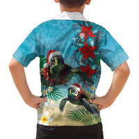 Hawaiian Mele Kalikimaka Family Matching Puletasi and Hawaiian Shirt Tropical Xmas Turtles Red Poinsettia Watercolor - Polynesian Pride