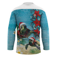 Hawaiian Mele Kalikimaka Hockey Jersey Tropical Xmas Turtles Red Poinsettia Watercolor - Polynesian Pride