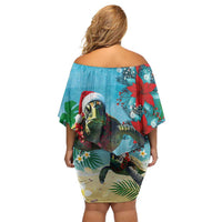 Hawaiian Mele Kalikimaka Off Shoulder Short Dress Tropical Xmas Turtles Red Poinsettia Watercolor - Polynesian Pride