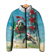 Hawaiian Mele Kalikimaka Padded Jacket Tropical Xmas Turtles Red Poinsettia Watercolor - Polynesian Pride