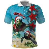 Hawaiian Mele Kalikimaka Polo Shirt Tropical Xmas Turtles Red Poinsettia Watercolor - Polynesian Pride