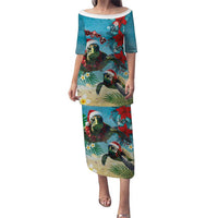 Hawaiian Mele Kalikimaka Puletasi Tropical Xmas Turtles Red Poinsettia Watercolor - Polynesian Pride