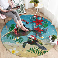 Hawaiian Mele Kalikimaka Round Carpet Tropical Xmas Turtles Red Poinsettia Watercolor - Polynesian Pride